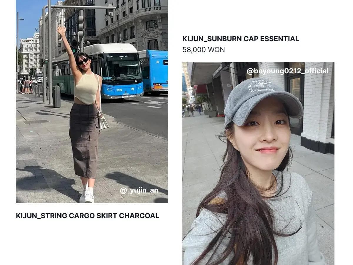 IVE’s An Yujin wearing a cargo skirt and Korean actress Park Bo Young wearing a ball cap from Korean fashion brand Kijun