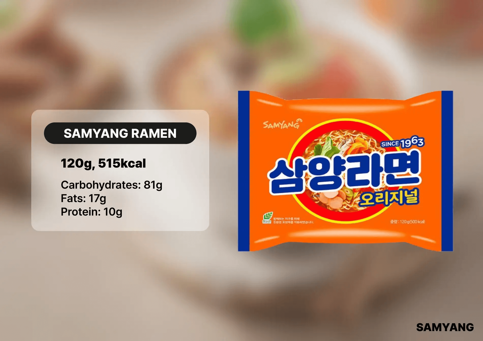 Samyang Ramen. 120g per pack. Nutritional value: 515kcal, 81g carbohydrates, 17g fats, 10g protein.