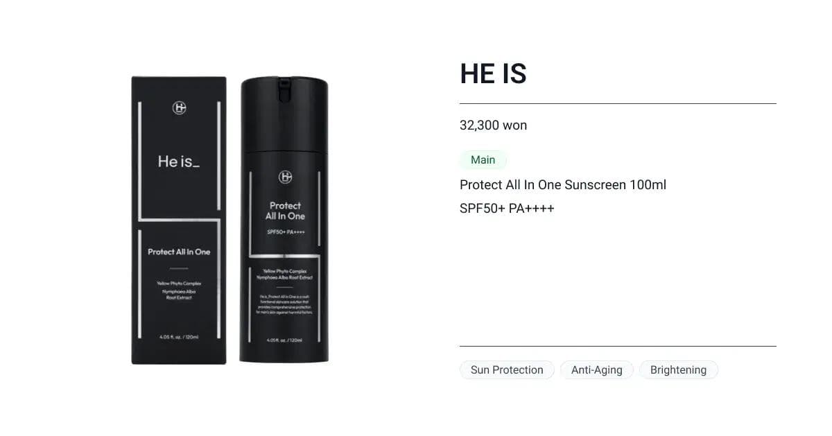 HE IS All-in-One Korean sunscreen for men with SPF50+ PA++++, essential for a daily skincare routine
