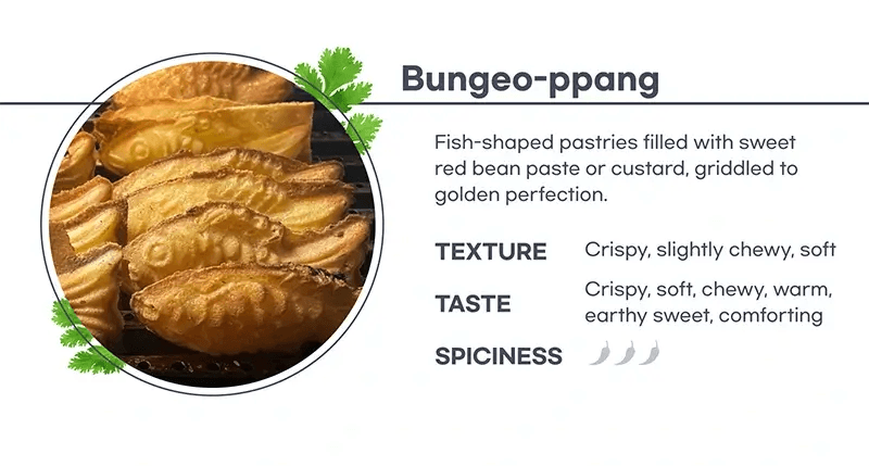Bungeoppang, crispy fish-shaped waffle filled with warm red bean paste, often enjoyed in the winter.