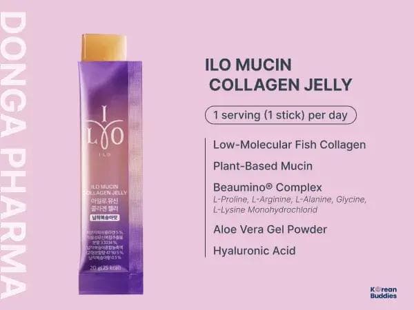 Product shot of ILO Mucin Collagen Jelly with key ingredients listed on the packaging