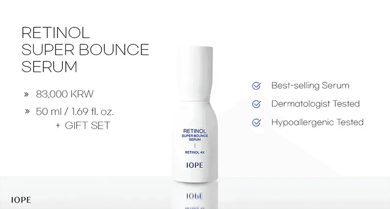 IOPE Retinol Super Bounce Serum, 50ml, priced at 83,000 KRW.