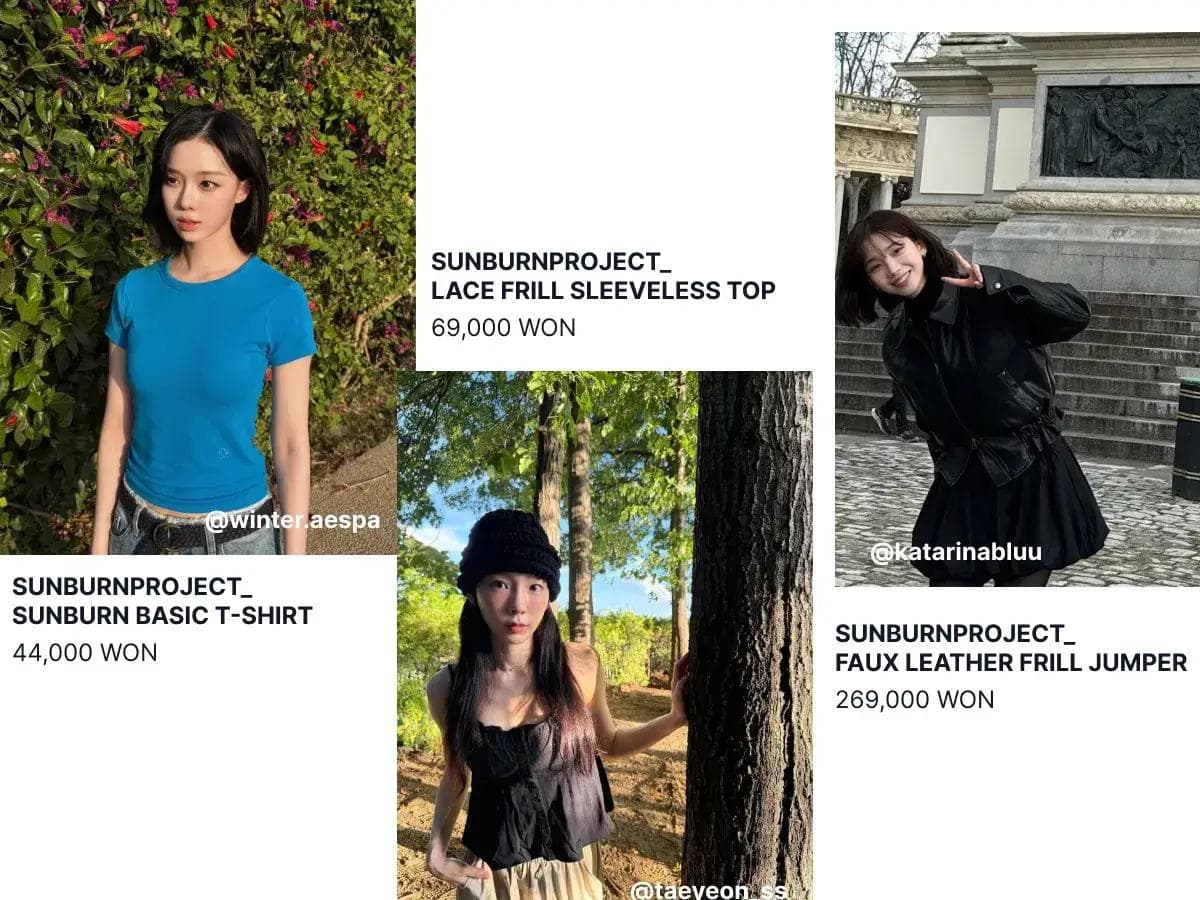 Aespa’s Winter and Karina, along with Taeyeon, wearing outfits from Sunburnproject, a Korean women’s clothing brand