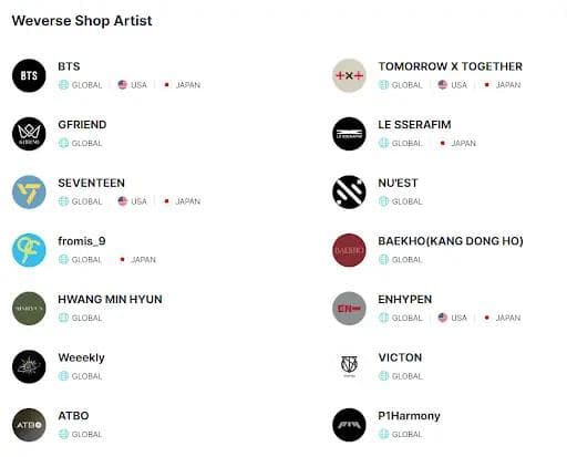 Weverse KPOP Artist List