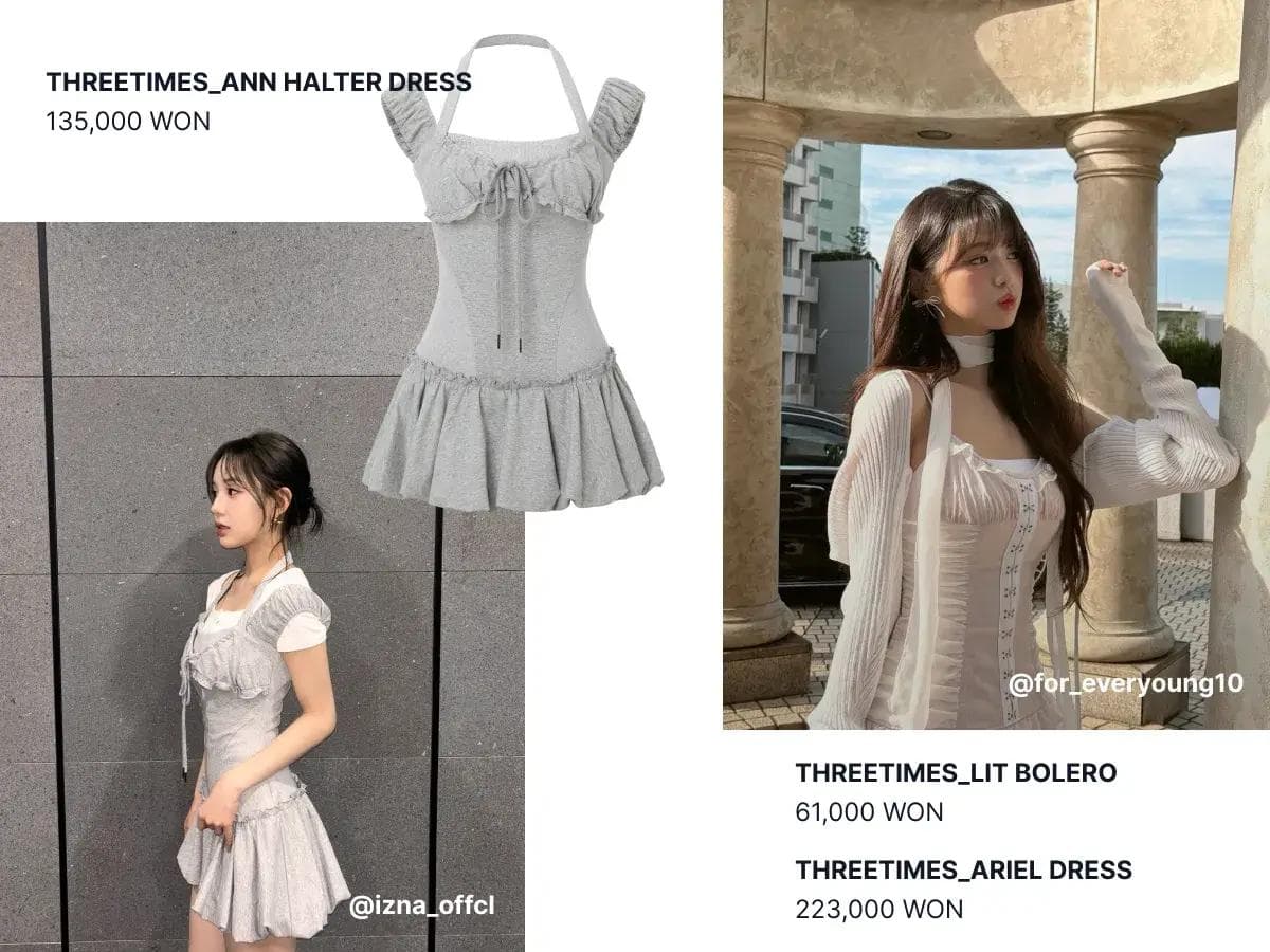 Ive’s Wonyoung wearing a ballet-inspired outfit from Threetimes, a popular Korean female fashion brand