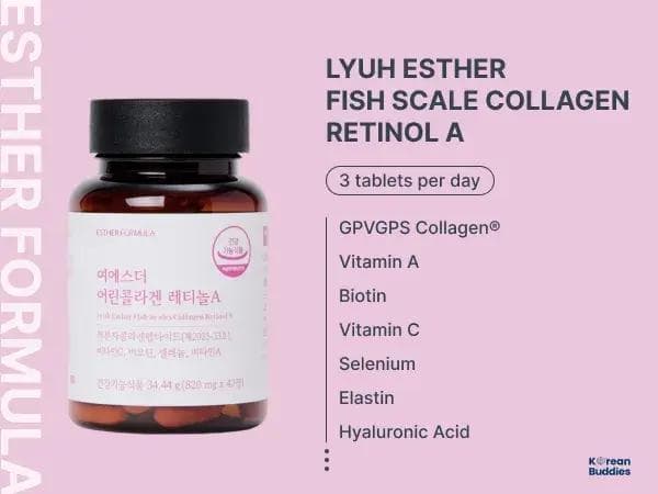 Lyuh Esther Fish Scale Collagen Retinol A, top Korean collagen supplement, featuring tablets and product packaging