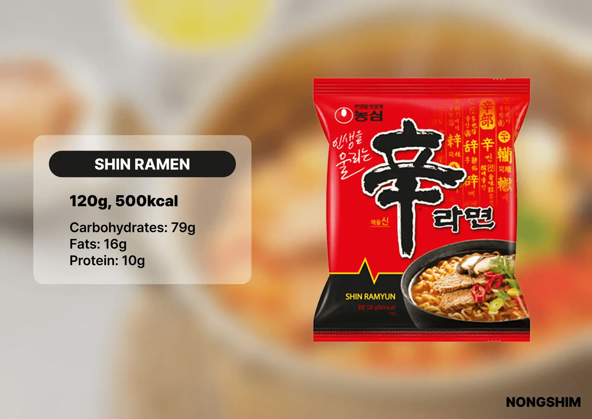 Nongshim Shin Ramen. 120g per pack. Nutritional value: 500kcal, 79g carbohydrates, 18g fats, 10g protein.