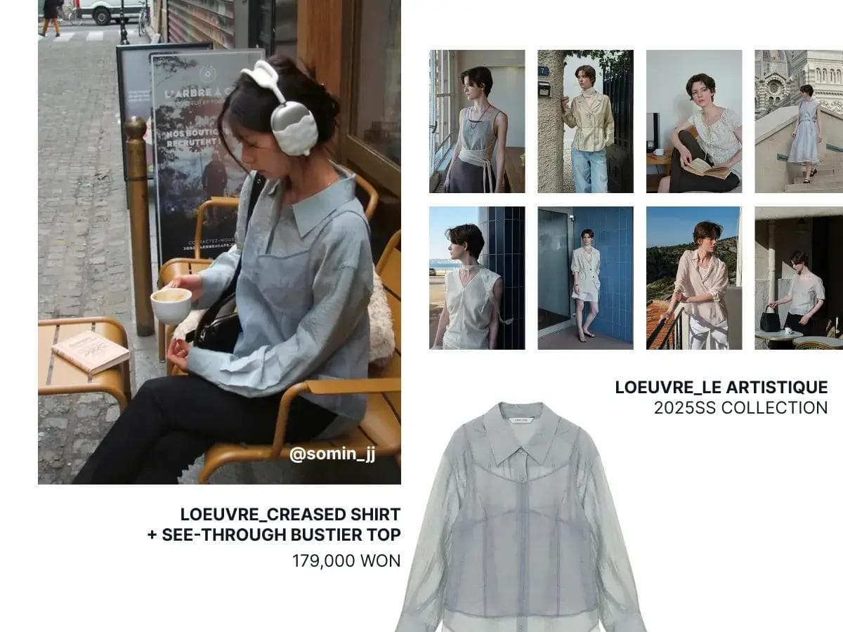 Actress Jung So Min wearing a Loeuvre see-through layered shirt, with the 2025 spring/summer collection displayed on the right