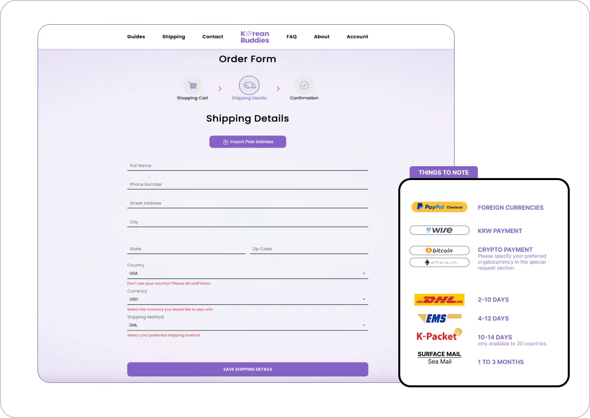 Filling in shipping details, shipping method, and preferred currency.