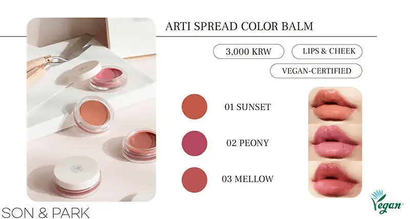 Son & Park Daiso Color Balm for Lips & Cheek in three colors: sunset, peony, and mellow