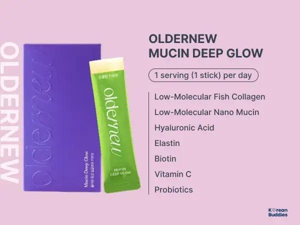 Product shot of Oldernew collagen jelly stick alongside its branded packaging