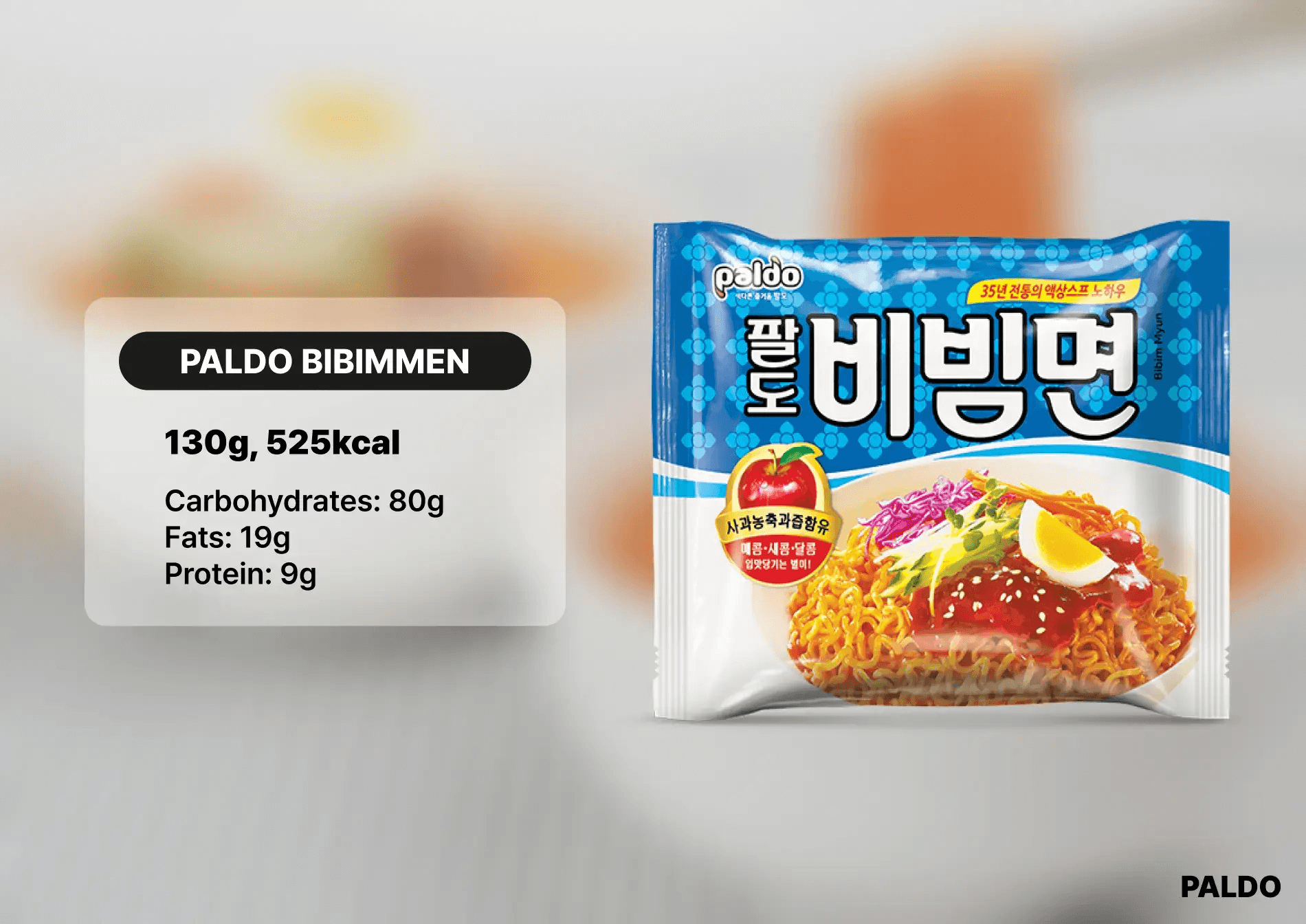 Paldo Bibimmen. 130g per pack. Nutritional value: 525kcal, 80g carbohydrates, 19g fats, 9g protein.