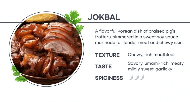 Delicious jokbal, Korean dish of braised pig’s trotters served with garlic, soy sauce, and a variety of savory seasonings.