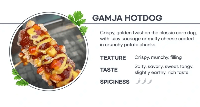 Gamja hotdog, a popular Korean snack featuring a hot dog wrapped in dough and covered with crispy fried potato chunks.