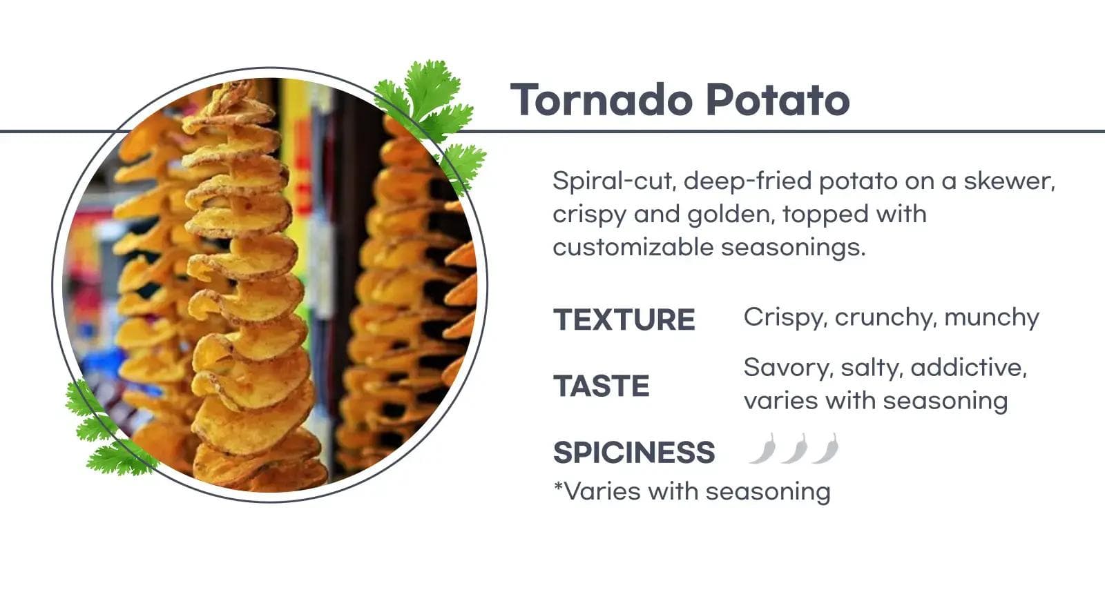 Tornato potato, popular Korean street food featuring spiral potatoes fried and coated in seasoning.